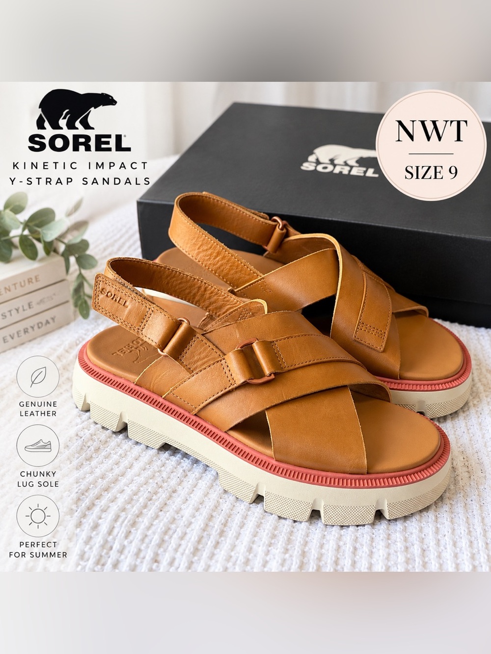 NWT Sorel Kinetic Impact Y-Strap Leather Sandals Tan Brown Pink Size 9